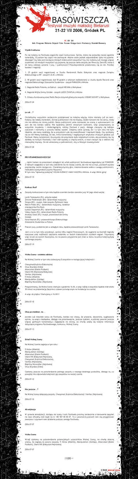 Screenshot of basowiszcza.org from 2006: a black-and-white grunge frame, a red header with the date 21–22 VII 2006, Gródek, and a long column of news