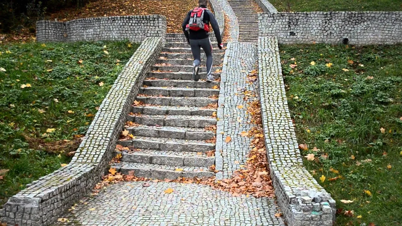 Film still: a runner with a red backpack climbing stone steps covered in autumn leaves