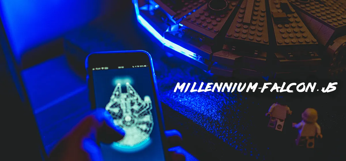 A hand holding a phone showing a blue Millennium Falcon blueprint above the LEGO model lit in blue; the words Millennium-Falcon.js beside it