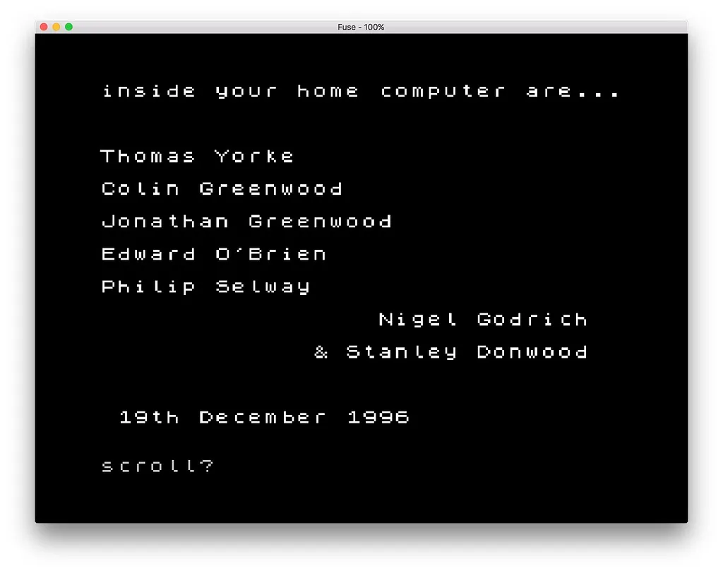 ZX Spectrum emulator screen reading “inside your home computer are…”, followed by the names of Radiohead's members, Nigel Godrich and Stanley Donwood, and the date 19th December 1996