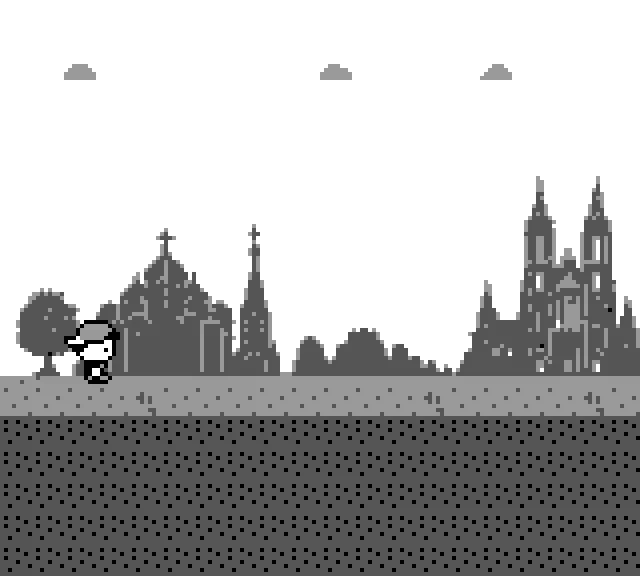 Game scene: a small character in a cap walking past a city skyline with church towers