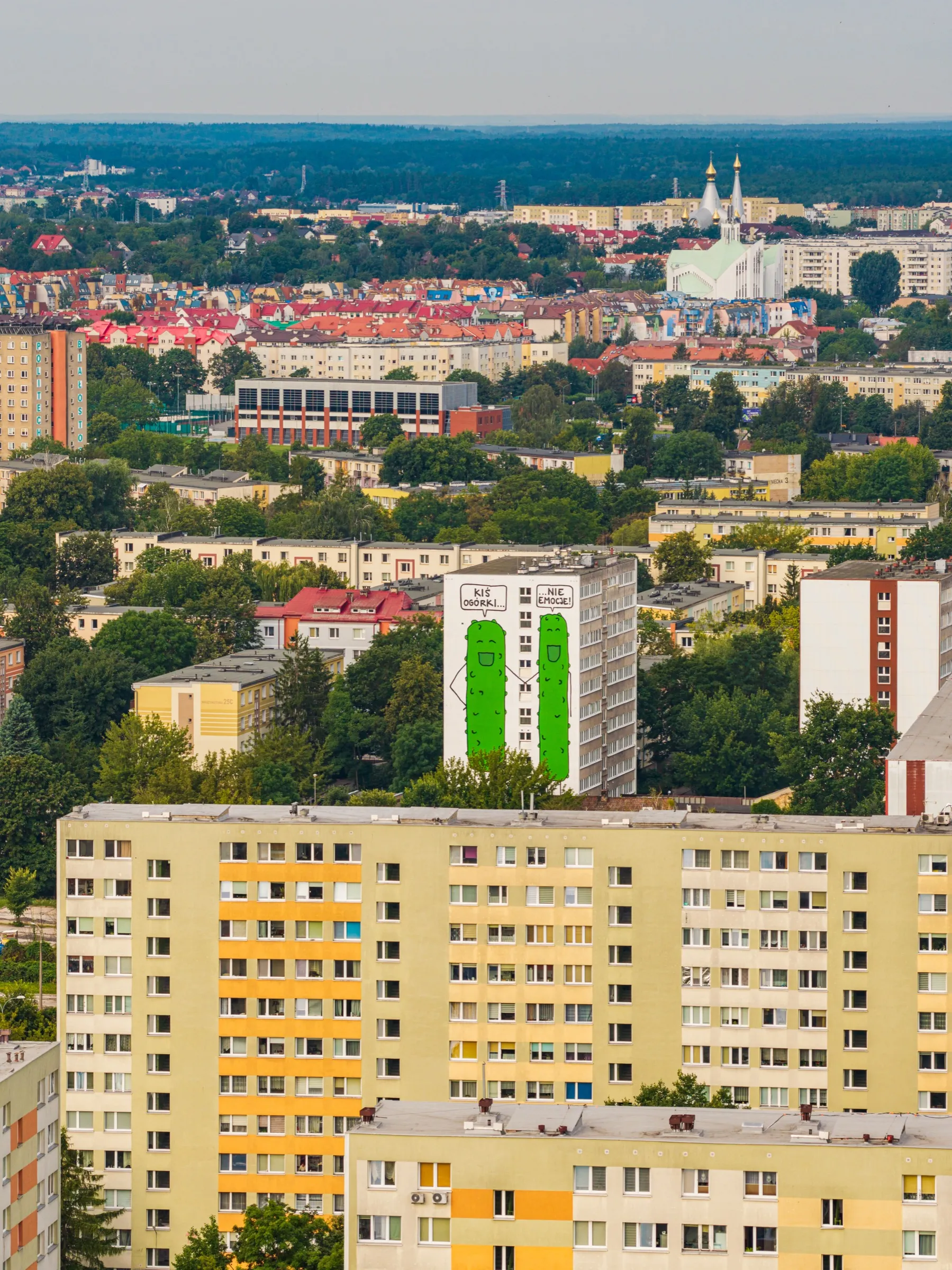 Białystok from high above: among the apartment blocks, a white dorm with two green cucumbers on its wall, forest on the horizon