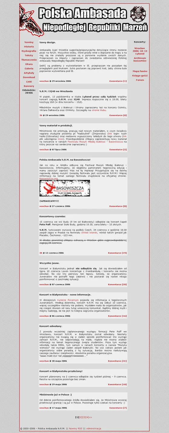 Screenshot of the Polish Embassy of the Independent Republic of Dreams fan site from 2006: a grey layout with red accents, a menu on the left and a list of gigs on the right
