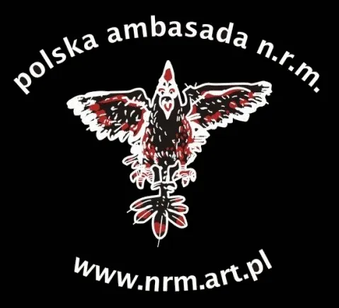 “polska ambasada n.r.m.” logo: a hand-drawn bird with spread wings in black, white and red, ringed by the name and the address www.nrm.art.pl