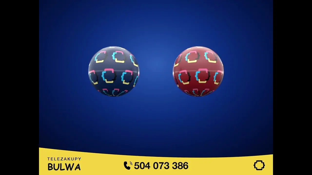Film still: two 3D-rendered spheres covered in Programistok logos on a navy background, with a yellow “Telezakupy Bulwa” teleshopping bar along the bottom