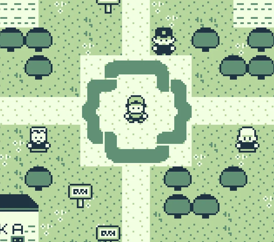 Pixel art in Game Boy greens: a character in a cap standing in a square with the Programistok logo, surrounded by trees, paths, signposts and other characters