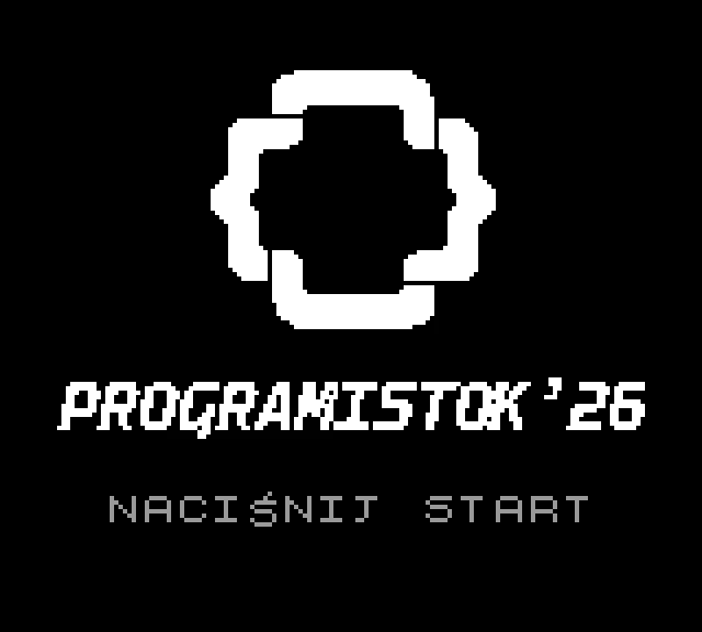 Black-and-white title screen: the Programistok curly-brace logo, PROGRAMISTOK '26 and “Naciśnij Start” (press Start)
