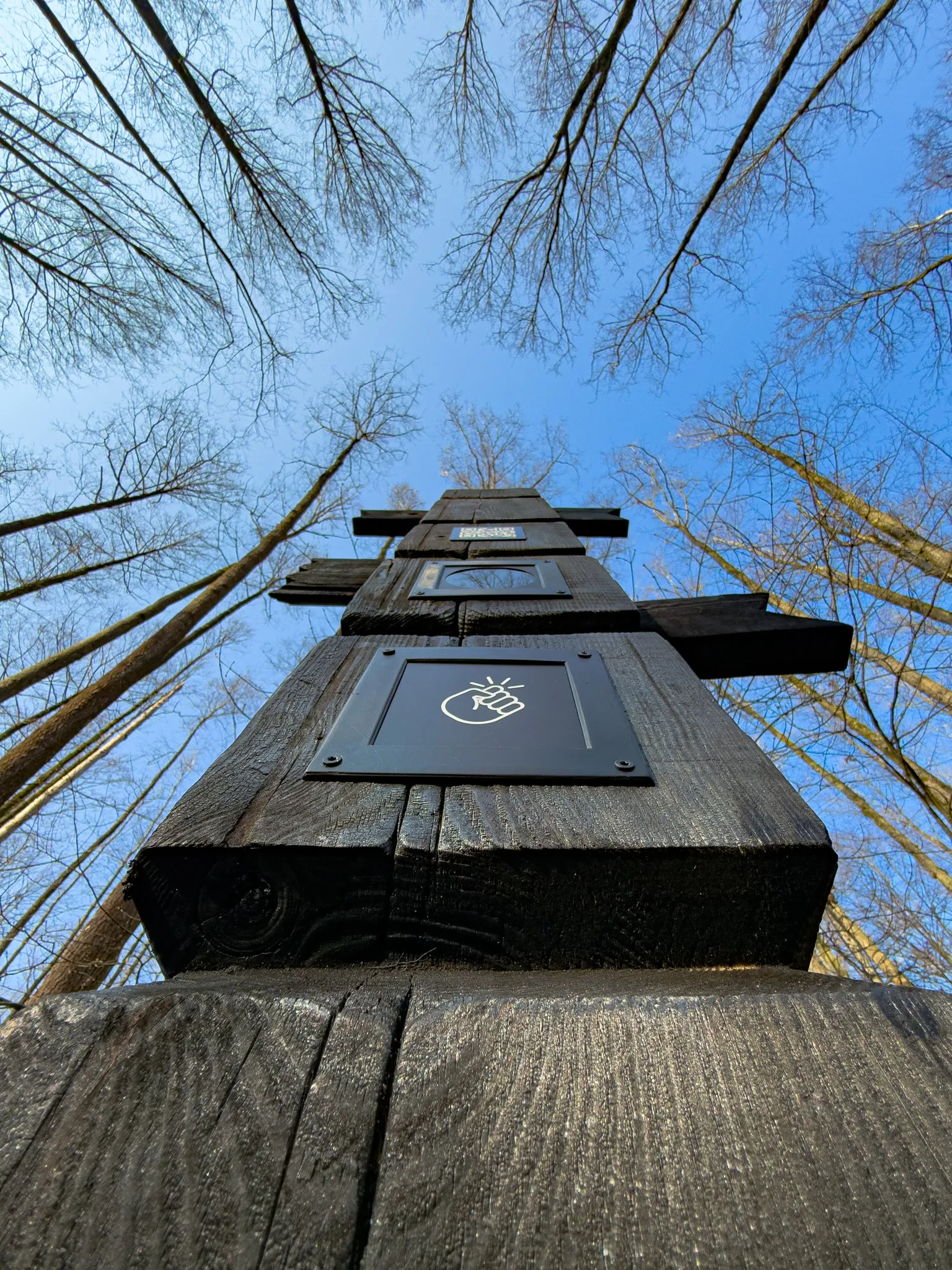 A totem shot from below against bare treetops, with a metal plate showing a knocking-hand pictogram