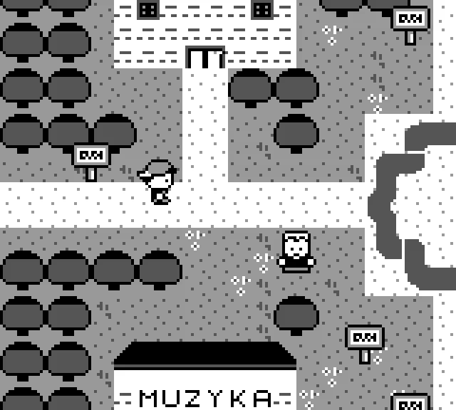 Top-down view of the town: trees, paths, signposts, a building labelled MUZYKA and characters to talk to
