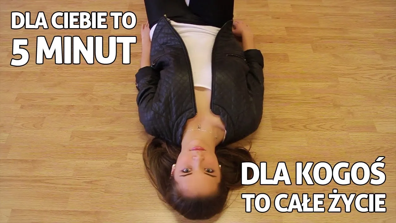 Film still: a dancer lies on a wooden floor, framed by the words “Dla Ciebie to 5 minut” and “Dla Kogoś to całe życie”